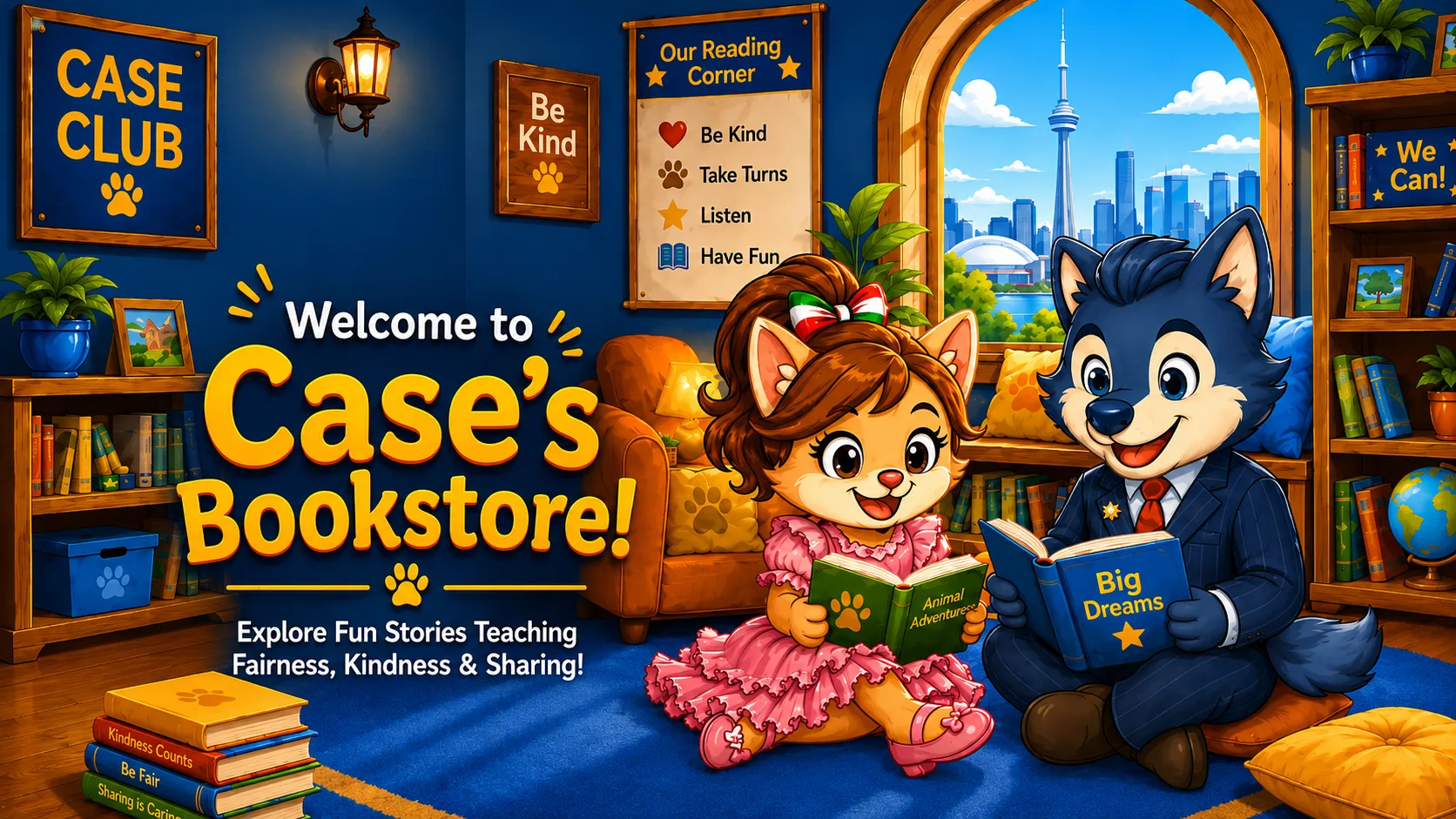 Welcome to Case's Bookstore reading corner with Case and a child reading books