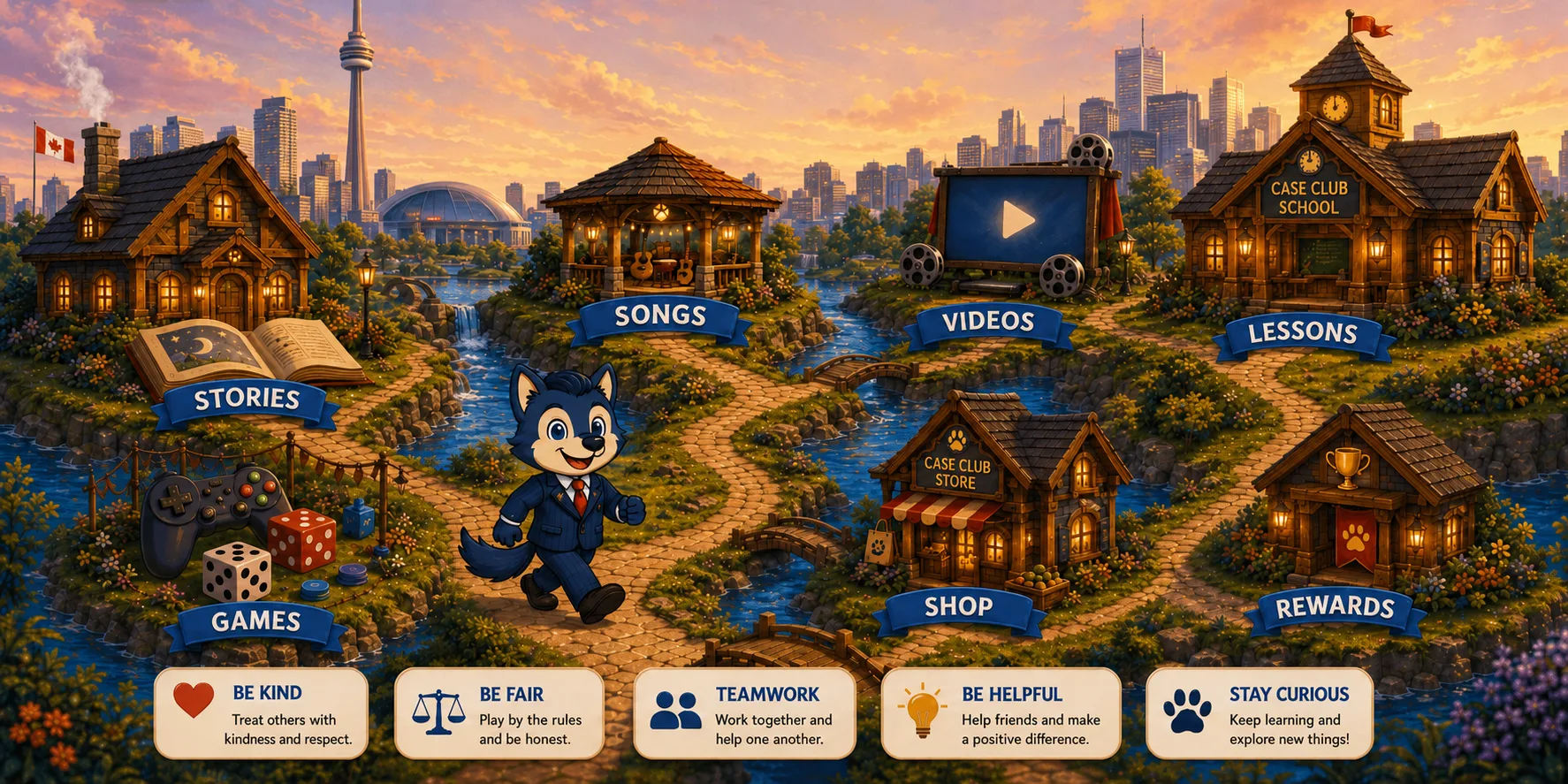 CaseTheWolf.com village map with Stories, Songs, Videos, Lessons, Games, Shop, Rewards, and values
