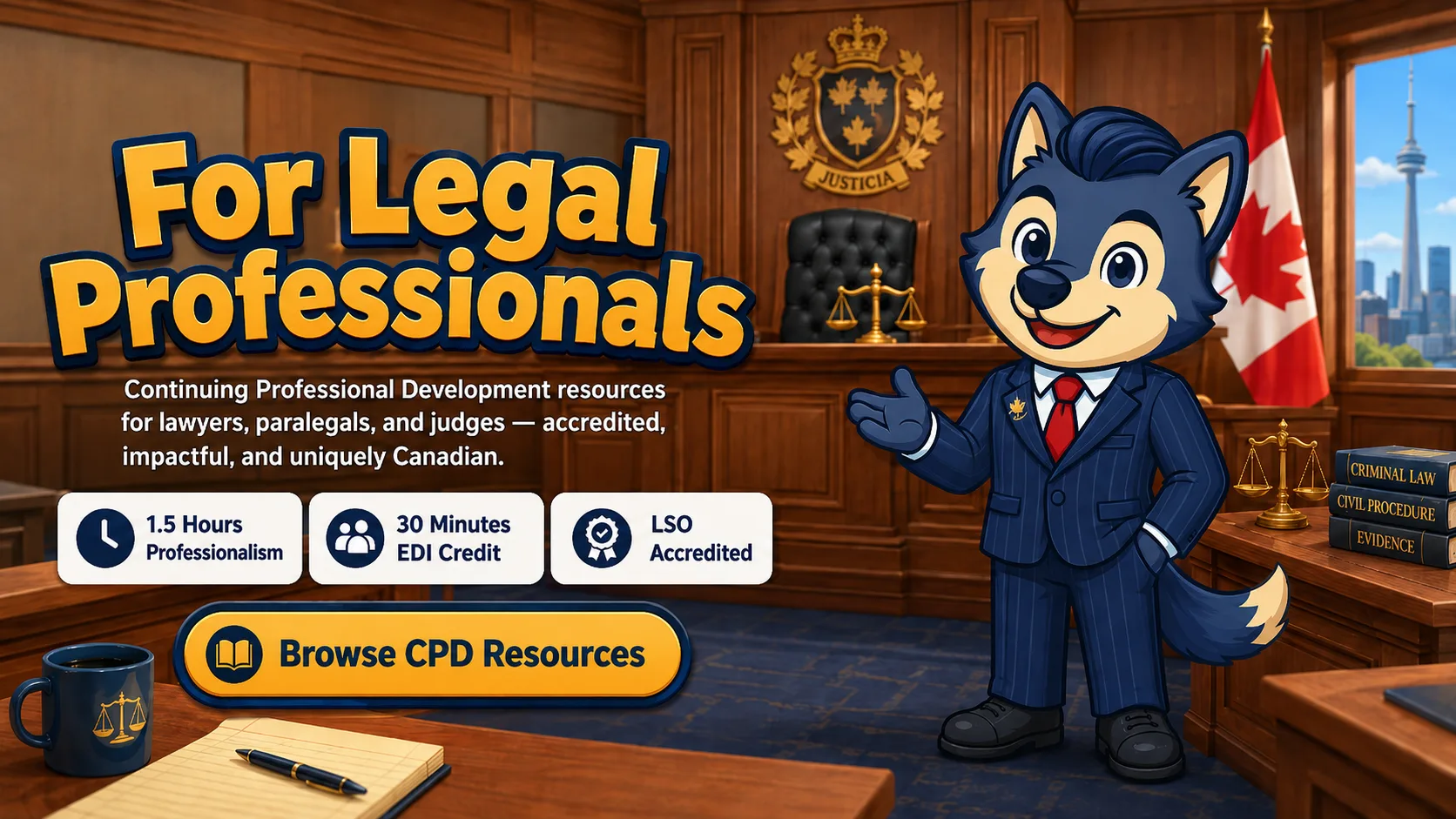 For Legal Professionals courtroom with Case the Wolf presenting CPD resources