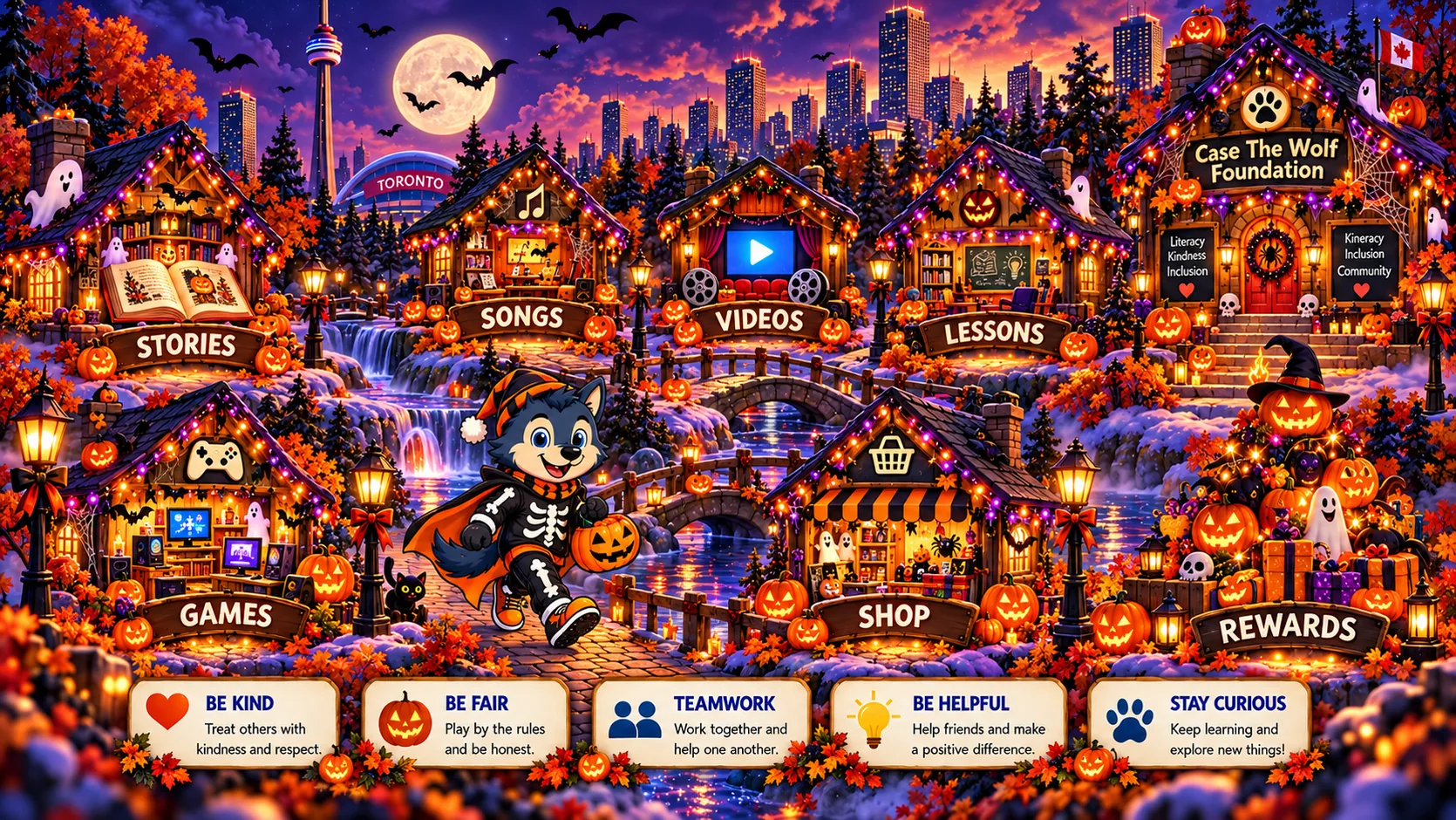 Case the Wolf in a skeleton costume carrying a pumpkin through the Halloween village in Toronto