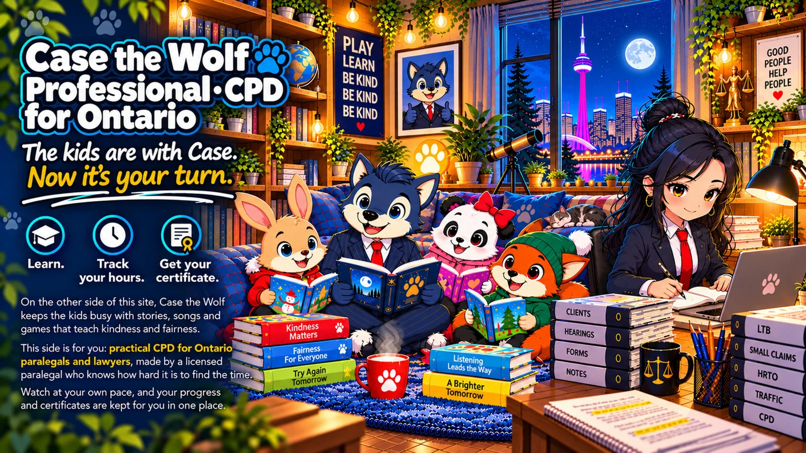 Case the Wolf and friends reading together on a couch while a paralegal works at her desk on CPD, with the Toronto skyline at night. Learn. Track your hours. Get your certificate. On the other side of this site, Case the Wolf keeps the kids busy with stories, songs and games that teach kindness and fairness. This side is for you: practical CPD for Ontario paralegals and lawyers, made by a licensed paralegal who knows how hard it is to find the time. Watch at your own pace, and your progress and certificates are kept for you in one place.