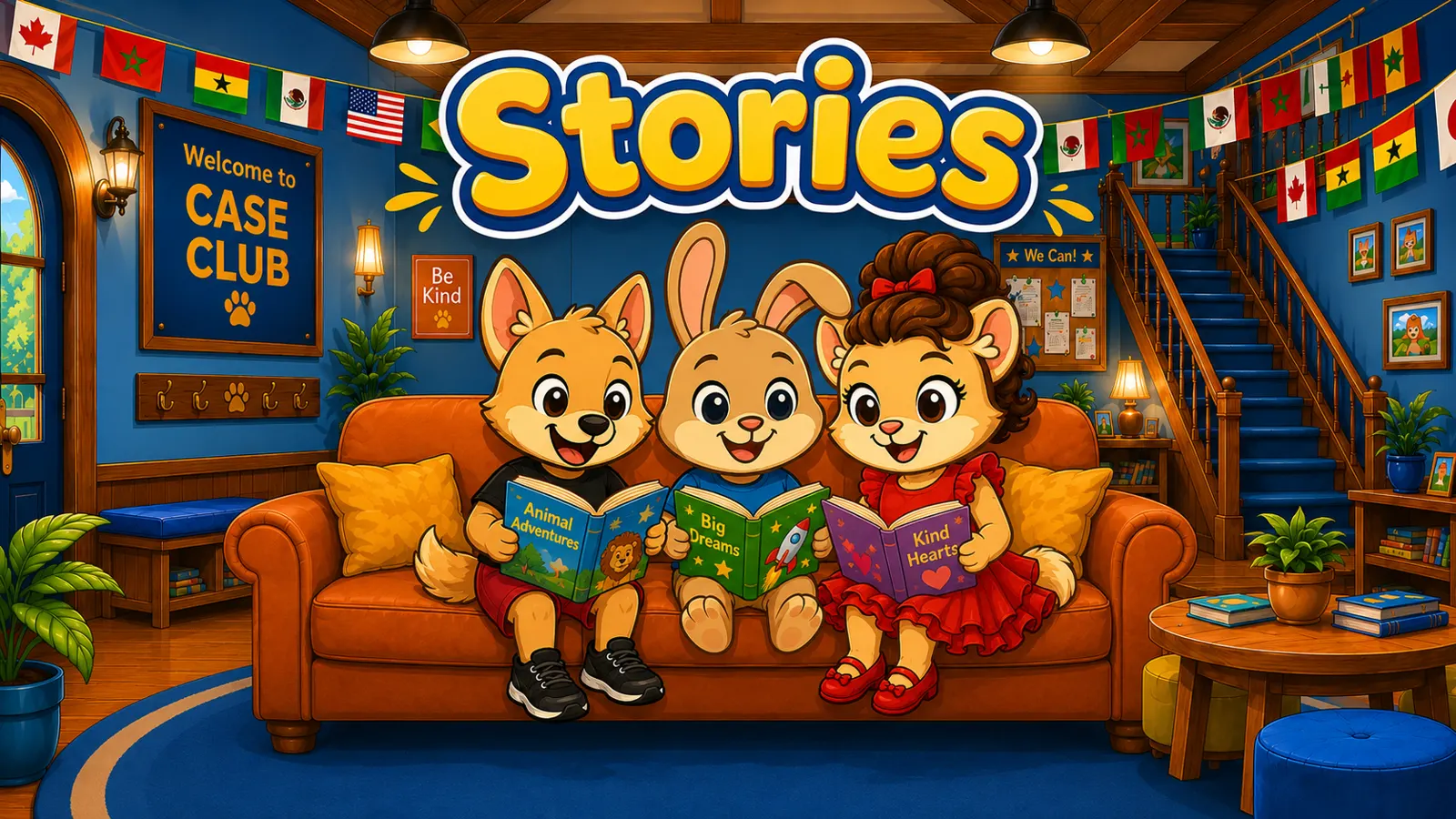 Sofia, Pip and Nia reading stories together on the Case Club couch